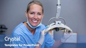  Presentation with dental assistant - Presentation with portrait of smiling dental assistant background and a teal colored foreground