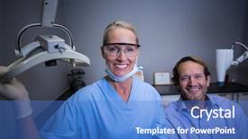  Presentation with dental assistant - Slides featuring portrait of smiling dental assistant adjusting light in clinic background and a teal colored foreground