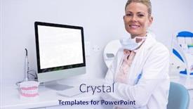  Presentation with dentist - Beautiful PPT theme featuring portrait-of-smiling-dentist-working backdrop and a sky blue colored foreground