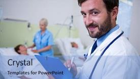  Presentation with medical smiling doctor - Beautiful slide deck featuring portrait of smiling doctor checking a medical report in hospital room backdrop and a light blue colored foreground