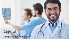  Presentation with camera - PPT theme featuring portrait of smiling doctor looking background and a light blue colored foreground