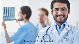  Presentation with camera - Audience pleasing presentation theme consisting of portrait of smiling doctor looking backdrop and a light blue colored foreground