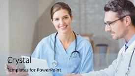  Presentation with desk - Slide deck with portrait of smiling doctor sitting background and a light blue colored foreground