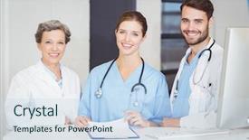  Presentation with ct computed tomography scanner in hospital - Audience pleasing slide set consisting of portrait of smiling doctor team backdrop and a sky blue colored foreground