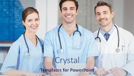  Presentation with digital hospital - PPT theme having portrait of smiling doctor and colleagues holding digital tablet while standing at desk in hospital background and a sky blue colored foreground