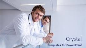  Presentation with railing - Slide set featuring portrait-of-smiling-doctors-leaning background and a sky blue colored foreground