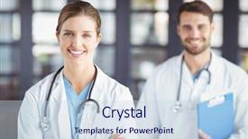  Presentation with hospital - Presentation design consisting of portrait of smiling doctors standing background and a  colored foreground