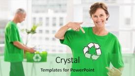  Presentation with mini project for eco friendly food packagin - Theme enhanced with portrait of smiling eco-minded background and a shamrock green colored foreground