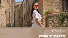  Presentation with straw - PPT theme with portrait-of-smiling-elegant-tourist background and a coral colored foreground