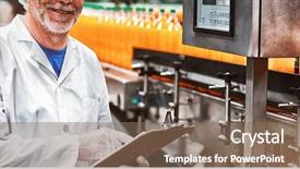  Presentation with mechanical engineering engineer tools - Audience pleasing presentation design consisting of portrait of smiling factory engineer backdrop and a violet colored foreground