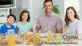  Presentation with dining - Cool new presentation theme with portrait of smiling family having lunch together on dining table at home backdrop and a coral colored foreground