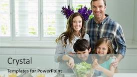  Presentation with bowl - Beautiful PPT layouts featuring portrait of smiling family preparing bowl of salad in kitchen at home backdrop and a light gray colored foreground