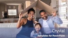  Presentation with new home - Amazing PPT theme having portrait-of-smiling-family-sitting backdrop and a ocean colored foreground