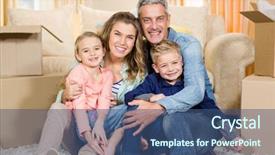  Presentation with living room family - Slide deck enhanced with portrait of smiling family sitting on the carpet in the living room background and a ocean colored foreground