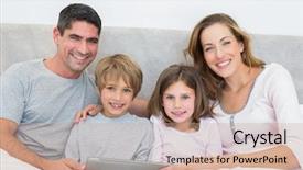  Presentation with digital - PPT theme enhanced with portrait of smiling family with digital tablet in bed background and a coral colored foreground