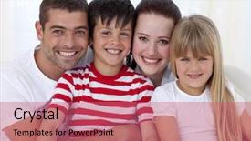  Presentation with living room family - Audience pleasing PPT layouts consisting of portrait of smiling family in living-room sitting on sofa together backdrop and a coral colored foreground