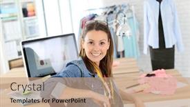  Presentation with fashion - Presentation with portrait of smiling fashion designer in studio background and a coral colored foreground