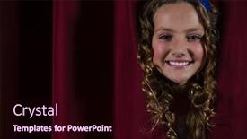  Presentation with red curtain - Cool new PPT layouts with portrait of smiling female artist peeking through the red curtain backdrop and a wine colored foreground