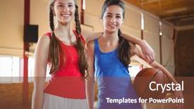  Presentation with basketball players - Beautiful PPT theme featuring portrait of smiling female basketball backdrop and a tawny brown colored foreground