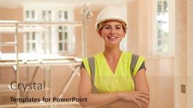  Presentation with build - Beautiful PPT theme featuring portrait-of-smiling-female-builder backdrop and a coral colored foreground