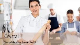  Presentation with commercial - Colorful slide set enhanced with portrait of smiling female chef holding rolling pin while colleagues preparing pasta at commercial kitchen backdrop and a coral colored foreground