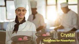  Presentation with commercial - PPT layouts enhanced with portrait of smiling female chef presenting dessert plates in commercial kitchen background and a tawny brown colored foreground