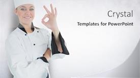  Presentation with cook chef - Beautiful theme featuring portrait of smiling female chef cook showing ok sign against white background backdrop and a white colored foreground