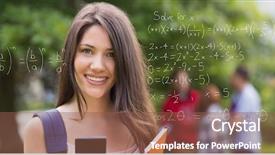  Presentation with transparent screen - Presentation theme consisting of portrait of smiling female collage background and a tawny brown colored foreground