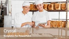  Presentation with bakery - Slide set having portrait of smiling female colleagues using digital tablet at table in bakery background and a coral colored foreground