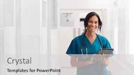  Presentation with digital hospital - PPT theme consisting of portrait-of-smiling-female-doctor background and a light gray colored foreground