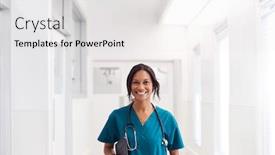  Presentation with digital hospital - PPT theme having portrait-of-smiling-female-doctor background and a light gray colored foreground