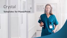  Presentation with scrubs - Slides having portrait-of-smiling-female-doctor background and a light gray colored foreground