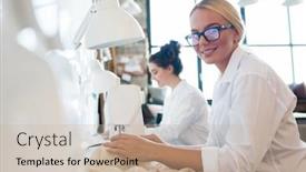  Presentation with factory machine - Theme featuring portrait-of-smiling-female-factory background and a soft green colored foreground