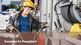  Presentation with fire station - Presentation theme enhanced with portrait of smiling female firefighter background and a violet colored foreground