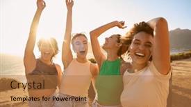  Presentation with road trip - Slide set having portrait-of-smiling-female-friends background and a coral colored foreground