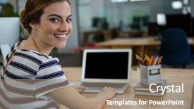  Presentation with graphic - Beautiful PPT layouts featuring portrait of smiling female graphic designer using laptop in creative office backdrop and a coral colored foreground
