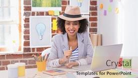  Presentation with interior designer - Audience pleasing slide deck consisting of portrait of smiling female interior designer sitting at office desk backdrop and a soft green colored foreground