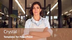  Presentation with female - Slide set enhanced with portrait-of-smiling-female-owner background and a coral colored foreground