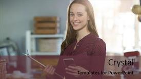  Presentation with staff - Presentation theme consisting of portrait of smiling female staff holding clipboard and using mobile phone at counter in bake shop background and a tawny brown colored foreground