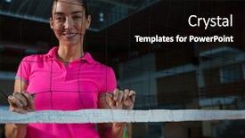  Presentation with volleyball net - Slide deck having portrait of smiling female volleyball background and a wine colored foreground