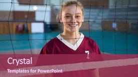  Presentation with volleyball net - PPT theme featuring portrait of smiling female volleyball background and a violet colored foreground