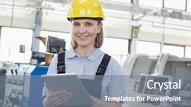  Presentation with digital industry - Amazing presentation theme having portrait of smiling female worker backdrop and a gray colored foreground