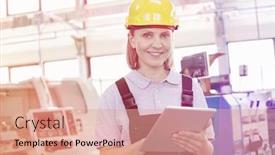  Presentation with digital industry - Colorful presentation theme enhanced with portrait of smiling female worker using digital tablet in manufacturing industry backdrop and a coral colored foreground