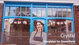  Presentation with street - Presentation theme consisting of portrait-of-smiling-female background and a tawny brown colored foreground