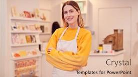  Presentation with female - Cool new PPT theme with portrait-of-smiling-female backdrop and a coral colored foreground