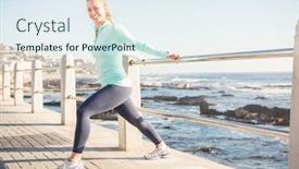  Presentation with railing - Beautiful slide deck featuring portrait-of-smiling-fit-blonde backdrop and a sky blue colored foreground