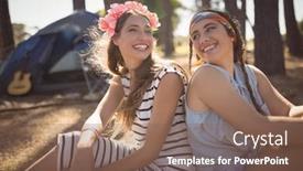  Presentation with field - Cool new presentation theme with portrait-of-smiling-friends-sitting backdrop and a violet colored foreground