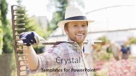  Presentation with nursery plant - Cool new PPT layouts with portrait of smiling gardener carrying rake on shoulders at plant nursery backdrop and a soft green colored foreground