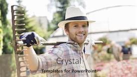  Presentation with nursery plant - Amazing PPT theme having portrait of smiling gardener carrying rake on shoulders at plant nursery backdrop and a coral colored foreground