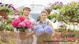  Presentation with flower pots - Theme having portrait of smiling gardeners holding flower pots at greenhouse background and a coral colored foreground